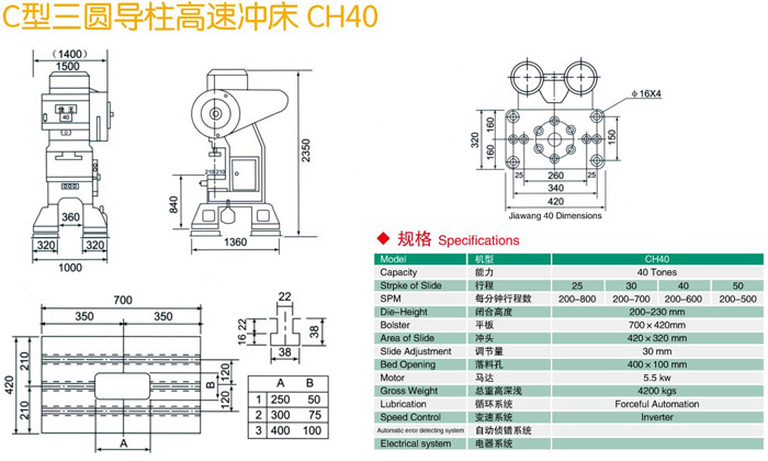 C型三圓導柱沖床CH40參數結構圖